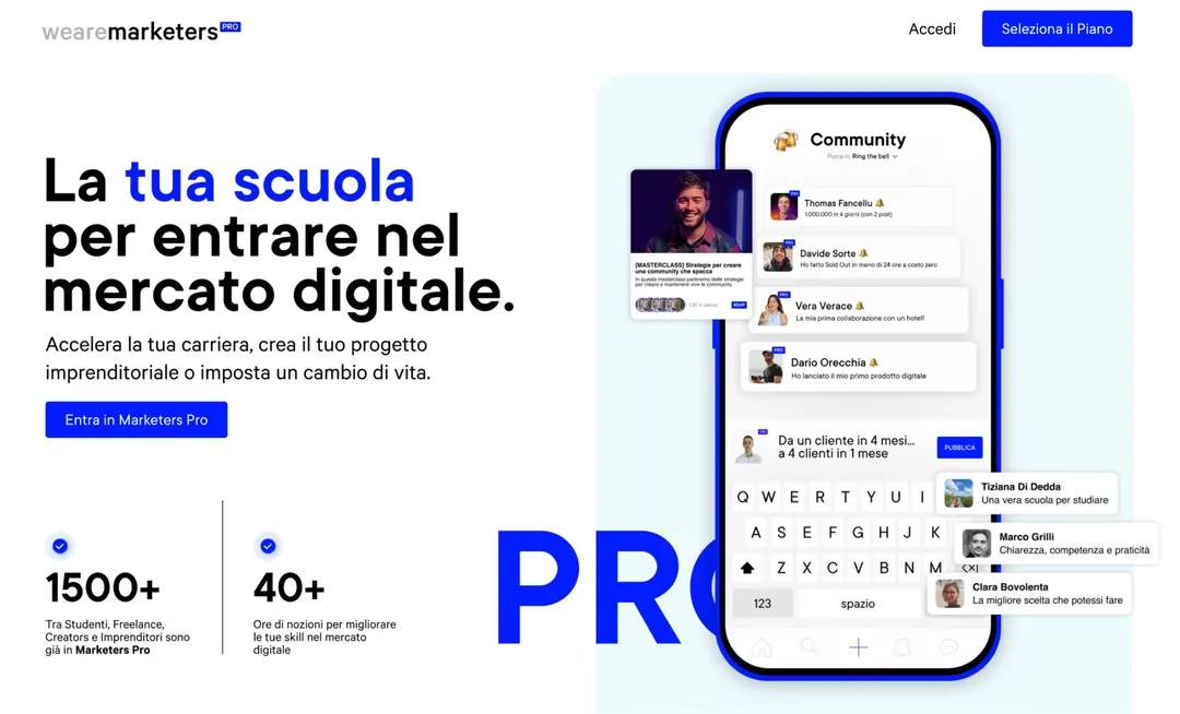 La prima schermata del sito di Marketers Pro